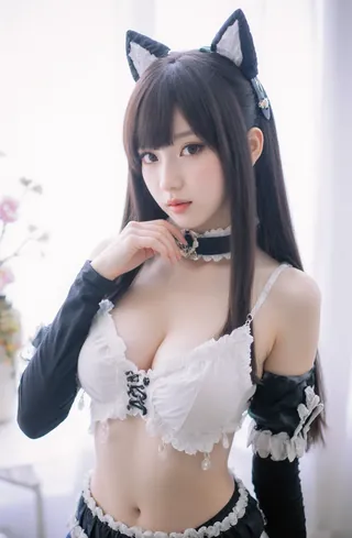 Anime-inspired cosplayer poses as a cat in a photo shoot.