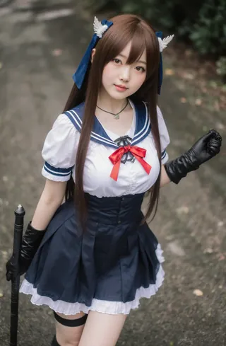 A cosplay enthusiast in Sailor Moon attire poses on a city street.