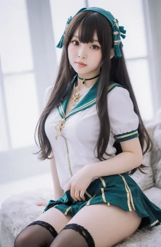 Anime-style cosplayer in a school uniform with blue hair and green eyes, posing for a photo.