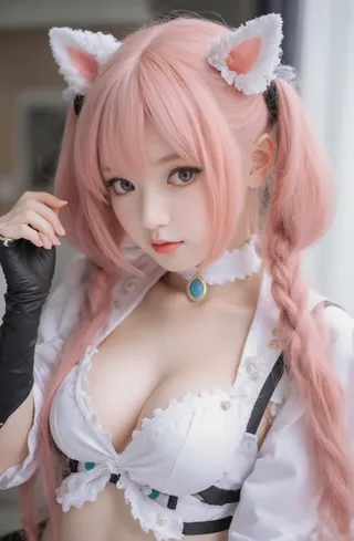 Cosplayer dressed as a cat poses for a photo.