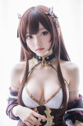 Cosplayer in elaborate fantasy costume with intricate details and accessories.