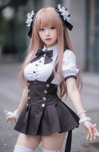 Cosplayer in maid outfit with cat ears and bow. Black and white attire, standing on street.