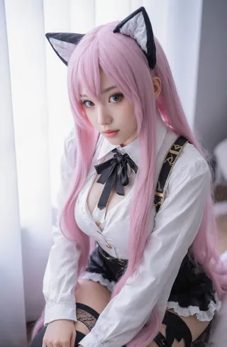 Cosplayer in a white shirt and black tie, pink hair with cat ears, on a window sill.