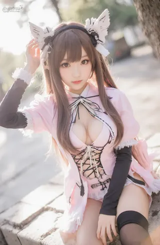 Cosplayer in elaborate costume with cat ears and tail. Sitting on stone wall.