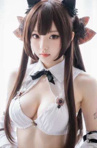 Cosplayer in white and black outfit with cat ears. Black bow on head. Red lips.