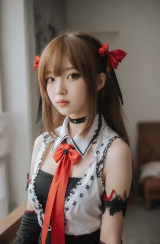 Anime-style cosplayer with red hair and red ribbon in her hair, wearing a black and white outfit with red accents.