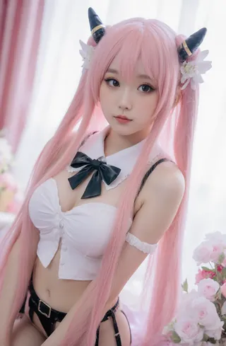 Cosplayer in white and black outfit with horns and tail, standing against pink backdrop.