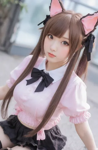 Anime-style cat ears on a person with long hair and a pink shirt. The individual is posing in front of a building.