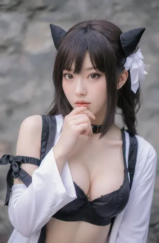 Cosplayer in black and white cat ears poses, a finger to their lips.