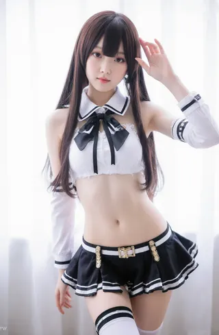 A young woman in a schoolgirl cosplay uniform poses near a window, adorned with black hair, bow, and white-trimmed attir