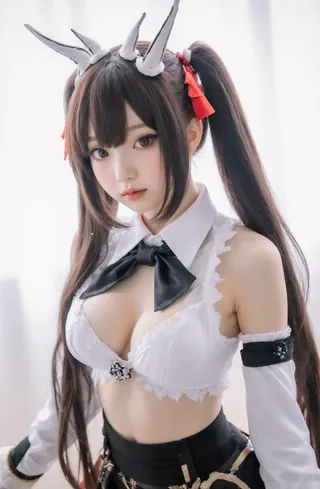 Cosplayer in a fantasy anime costume with horns and red hair, sporting a white & black striped shirt and black pants wit