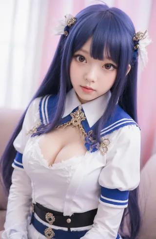 Anime-style character in a blue and white uniform with a tie, posing for a portrait.