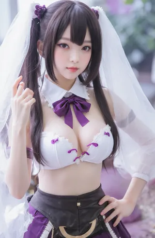 Cosplayer in elaborate wedding dress and veil, striking a pose with hands on hips.
