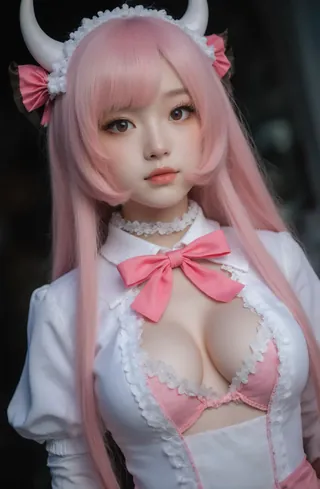 Cosplay enthusiast in an elaborate anime-inspired outfit with horns and pink hair.