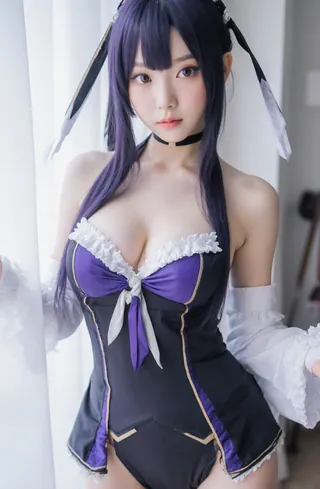 Anime-inspired cosplayer in purple & black with a white collar and bow, sporting a wig, makeup, and confidence.