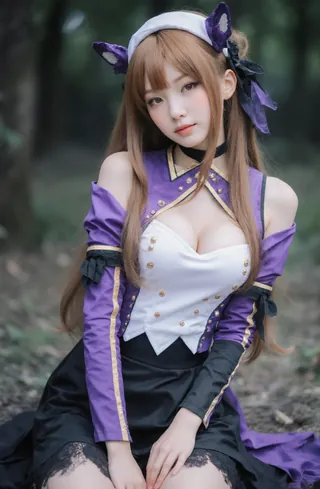 Cosplayer in elaborate fantasy costume with cat ears and tail, posing outdoors.
