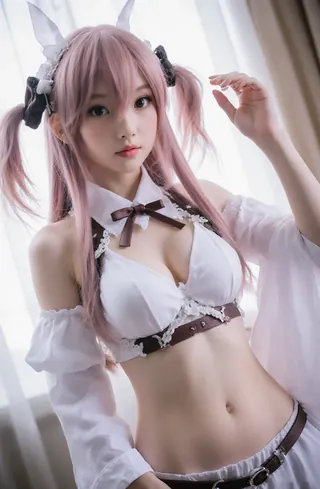 Cosplayer in a white and pink outfit with a ponytail, standing by a window.