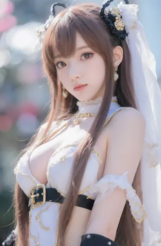 Anime-style character in a white and gold dress with black accessories, posing against a blurred background.