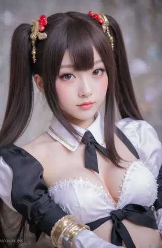 Anime-inspired cosplay featuring a black & white outfit with bold red accents.