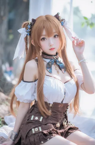 Cosplayer in brown and white outfit with blue hair, holding a small object. She's posing outdoors.