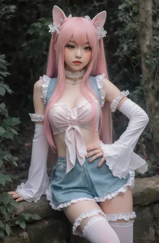 Cosplayer in an anime-themed forest pose for a photo.