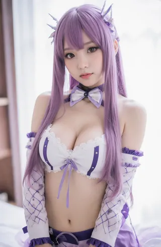 Anime-style character in a purple and white outfit with horns, standing against a wall.