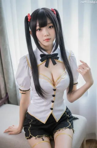 Anime-style cosplayer in a white school uniform with black hair and red accessories.