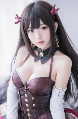 Cosplayer in elaborate fantasy costume with red hair and red eyes. Black and gold outfit with intricate details.
