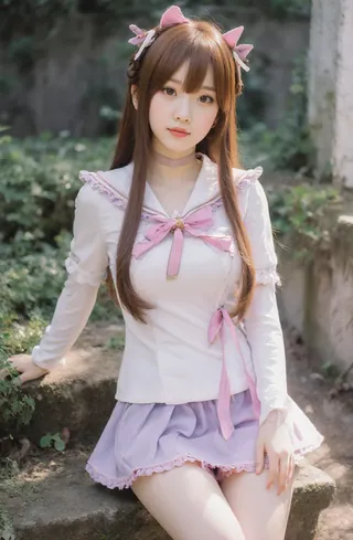 Anime-style cosplayer posing in a park. She wears a purple and white outfit with pink hair accessories.