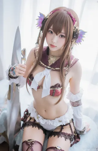 Cosplayer in elaborate fantasy costume with sword. Red and black outfit, intricate details.