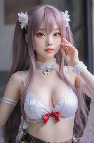 Anime-style character in a white and red outfit with a bow, posing for a photo.