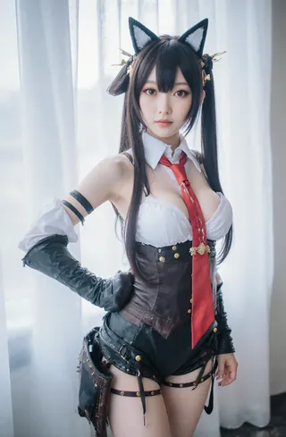 Cosplayer in elaborate steampunk outfit with cat ears and red tie. Black and white attire with intricate details.